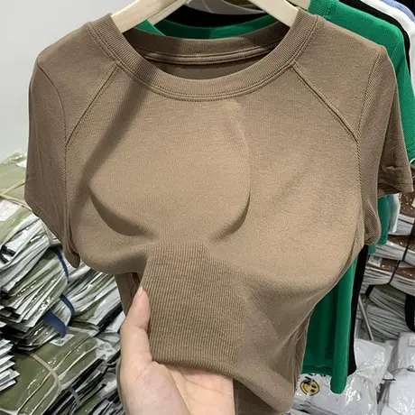 螺纹纯色正肩短袖T恤女夏季半袖体恤修身显瘦小衫圆领打底上衣潮商品大图