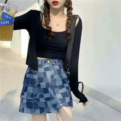 冰丝长袖防晒针织开衫外套女夏季薄款显瘦吊带背心短款上衣两件套图片