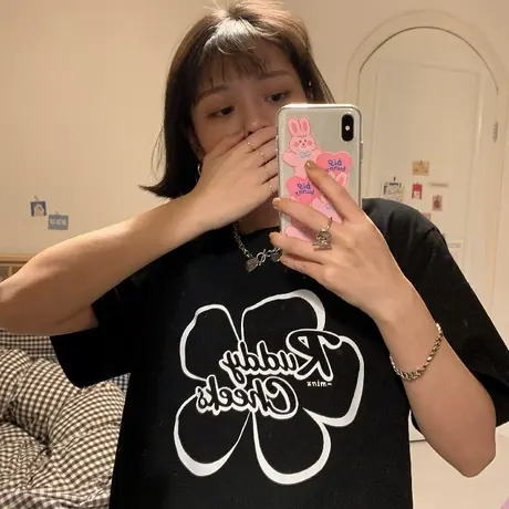原创设计感小众2023夏季新款花花港风纯棉宽松圆领短袖T恤女上衣商品大图
