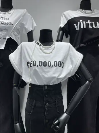 十三行2022夏新款圆领字母印花短袖T恤女夏简约宽松休闲百搭上衣图片