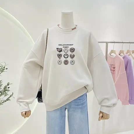 假两件卫衣女2023春季新款宽松小个子笑脸爱心印花休闲圆领上衣商品大图