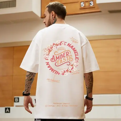 高街潮牌宽松T恤胖子短袖男加肥加大五分袖纯棉情侣大码男装夏季图片