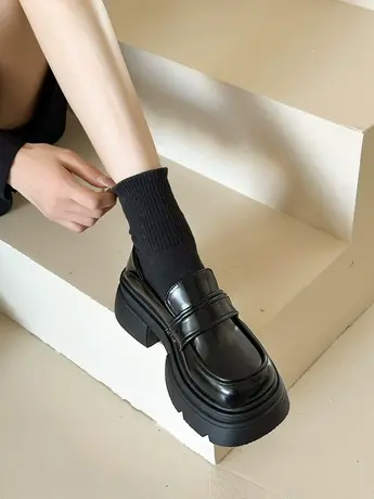 英伦风小皮鞋女2023新款秋冬季松糕厚底一脚蹬女鞋黑色乐福鞋单鞋图片