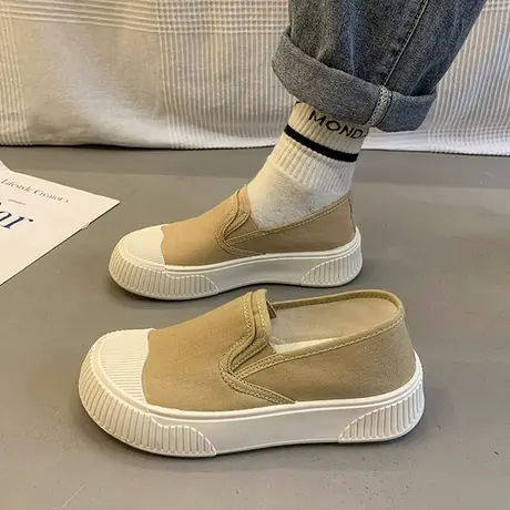 小白鞋女2024春秋新款透气圆头帆布鞋一脚蹬软底舒适厚底休闲鞋子商品大图