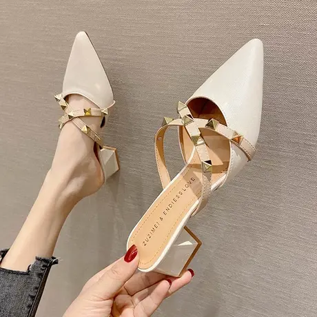 半拖凉鞋女夏外穿2024年新款粗跟5cm中跟时尚包头半托铆钉高跟鞋商品大图