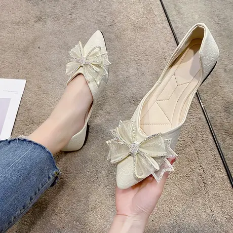 小香风尖头中跟单鞋女蝴蝶结水钻瓢鞋2023年春季新款中空包头凉鞋商品大图