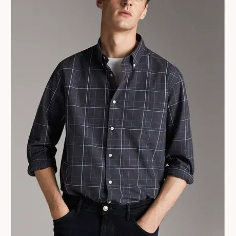 格慕施衬衫男士长袖商务休闲大码宽松韩版格子纯棉潮流磨毛衬衣男商品大图