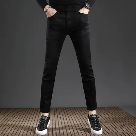 高端黑色九分牛仔裤男秋冬款修身小脚裤2023新款弹力休闲男士裤子商品大图