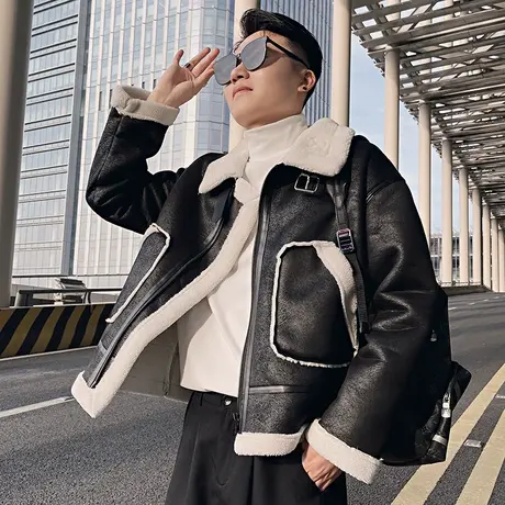 冬装加棉外套男冬季2023新款翻领拼接痞帅羊羔毛机车棉衣轻熟上衣图片