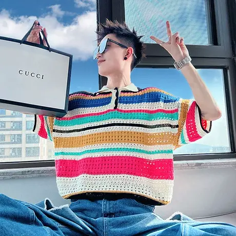 时尚潮流彩色针织镂空男夏天短袖上衣POLO衫痞帅休闲半袖潮牌体恤商品大图