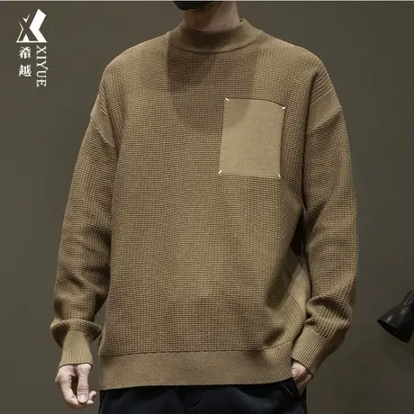 希越重磅12针抗起球毛衣男2023冬季休闲宽松大码男士假口袋针织衫商品大图