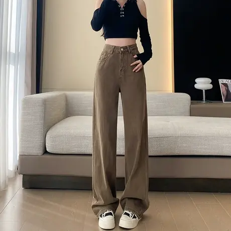 美式高腰阔腿牛仔裤女卡其色秋冬款宽松显瘦加绒加厚直筒拖地裤子图片