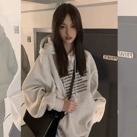 美式复古字母潮牌连帽卫衣女秋冬慵懒韩系bf宽松oversize加厚外套商品大图