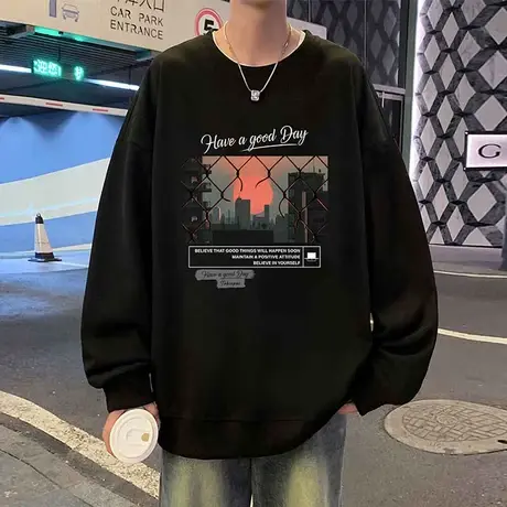 卫衣男春秋季新款宽松落日余晖无帽上衣ins长袖打底潮流圆领内搭图片