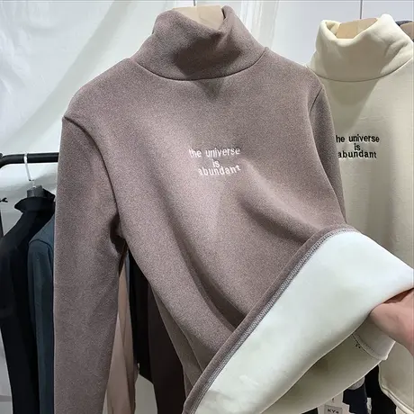 加厚加绒高领打底衫女内搭秋冬德绒保暖上衣韩版百搭修身长袖T恤商品大图