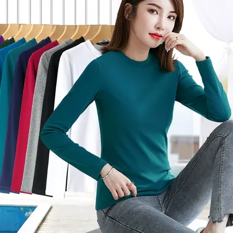 长袖t恤女纯色小高领修身螺纹棉2024年新款春秋半高领打底衫上衣图片