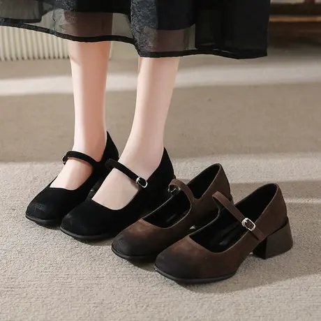 法式粗跟玛丽珍鞋女2024年春秋季新款复古百搭一字扣方头浅口单鞋商品大图