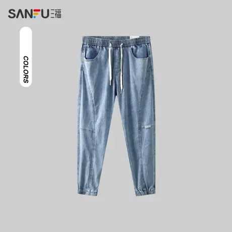 三福2024夏季男士分割设计慢跑牛仔裤 宽松橡筋腰长裤男483269商品大图