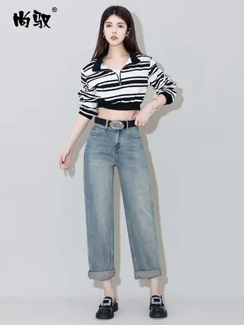 尚驭蓝色高腰牛仔男友裤弹力2024年春季新款老爹裤时尚百搭垮裤女图片