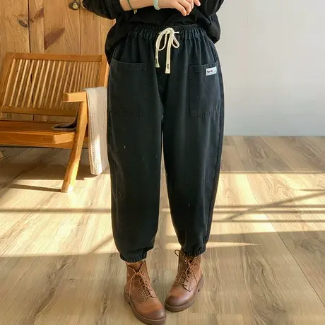 dza 高腰显瘦纯棉哈伦九分裤子女春新款宽松阔腿裤百搭休闲复古裤图片