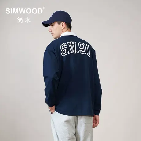 Simwood简木男装【宽松版型】秋季字母印花假两件翻领落肩长袖T恤商品大图