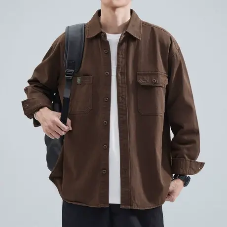 hansca休闲工装衬衫外套男青少年秋季潮流复古宽松日系纯棉长袖男商品大图