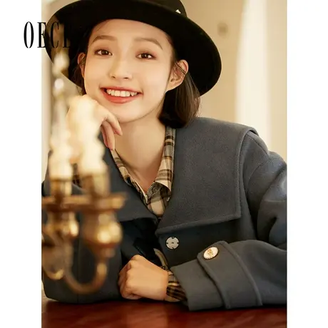 Oece复古毛呢外套新款女装学院牛角扣中长款羊毛呢大衣商品大图