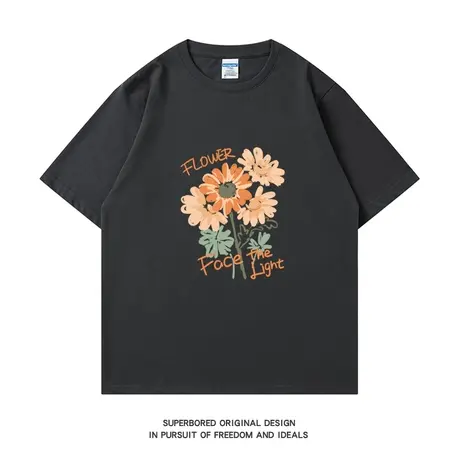 简约文艺花卉花朵鲜花纯棉短袖T恤男夏季纯棉宽松情侣装半袖图片