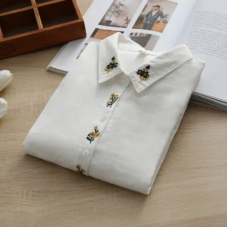 春秋装文艺小清新刺绣花朵双层纱纯棉长袖衬衫女宽松百搭打底上衣商品大图