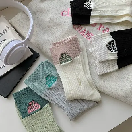 2024春夏新款破洞刺绣中筒袜韩版潮流网红时尚透气百搭款堆堆袜潮商品大图