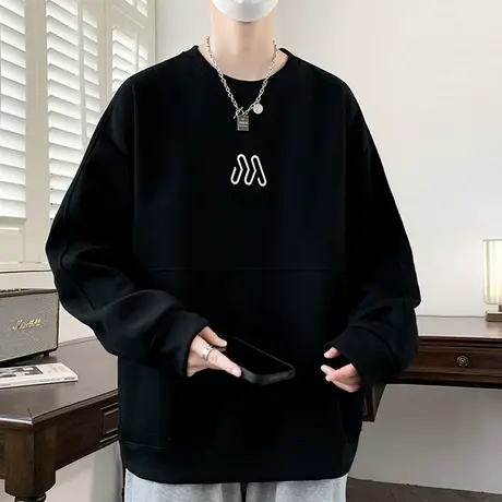 圆领卫衣男款春秋季黑色百搭长袖t恤男潮牌上衣青少年港风打底衫T图片