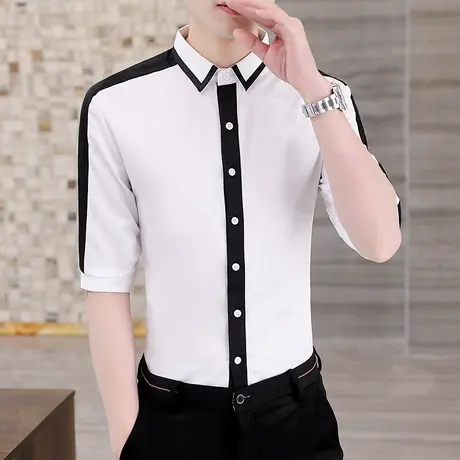 男士夏季七分袖衬衫潮流日系短袖发型师痞帅夏装韩版休闲中袖衬衣商品大图