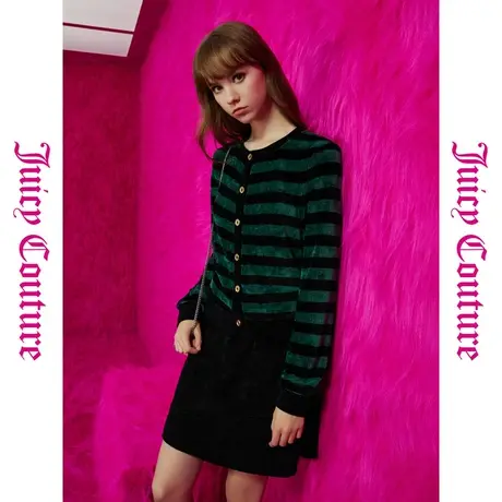 Juicy Couture橘滋早秋季装女女装年款魔法学校金扣条纹针织外套商品大图