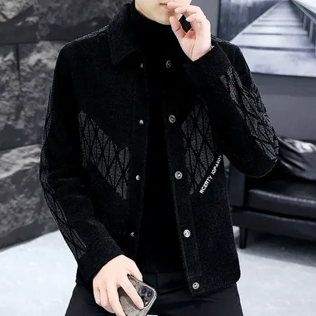 秋冬季男士呢子夹克潮流拼接痞帅冬款男装金貂绒保暖短款大衣外套商品大图