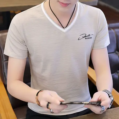 短袖男t恤潮流夏季新款男士半袖2023夏装v领潮牌修身丅恤韩版衣服商品大图