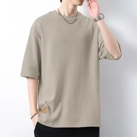 220g重磅华夫格t恤男士短袖宽松圆领上衣服夏季半袖体恤衫五分袖商品大图