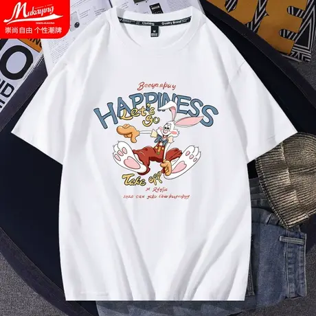 日系卡通动漫短袖t恤男兔子印花设计感潮流半袖ins宽松纯棉情侣装图片