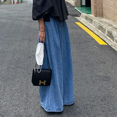 夏装新款半身牛仔阔腿裤长裤女韩版宽松大码时尚长到裹脚宽腿裤子商品大图