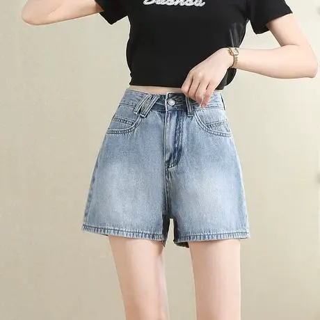 时尚气质牛仔阔腿短裤2023年夏季新款女士简约高腰显瘦通勤百搭裤图片