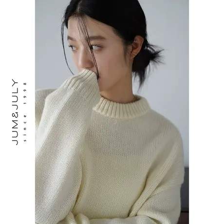嘉茱莉2023秋季新款圆领套头羊毛针织衫女短款宽松毛衣套头上衣商品大图
