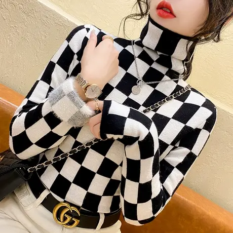加绒打底衫女冬加厚毛衣套头子一体绒棋盘格高领2021年新款设计感图片