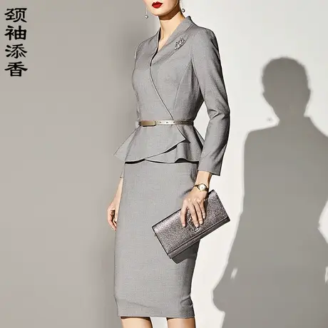 颈袖添香2023秋季新款气质OL时尚荷叶边正装装套裙套装女商品大图