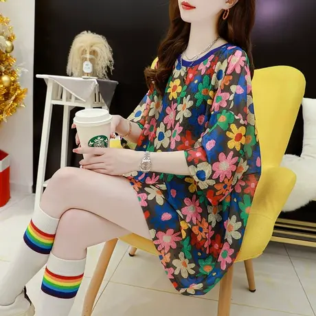 欧版大码短袖T恤女中长款2023新款夏季宽松设计感百搭正肩上衣薄商品大图