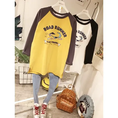 2020春秋冬韩国东大门字母卡通磨毛加厚T恤宽松大码中长款打底衫商品大图