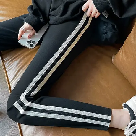 高腰弹力打底裤子女外穿春秋薄款纯棉双杠紧身小脚跑步运动八分裤图片