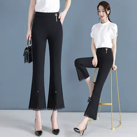 九分喇叭裤女夏季薄款蕾丝边设计微喇裤小个子梨形身材显瘦休闲裤图片