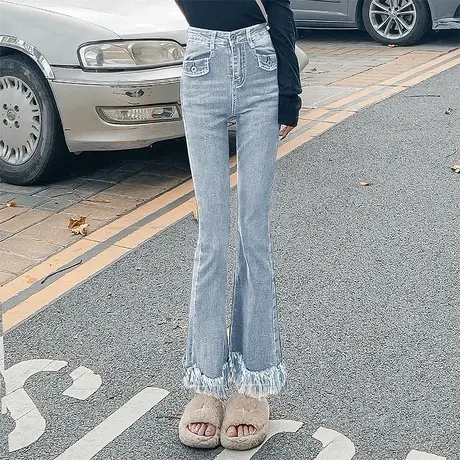 毛边牛仔喇叭裤高腰显瘦2023春秋款小众设计感修身弹力马蹄长裤子商品大图