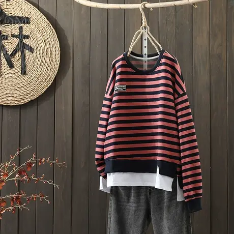 枫谜2021年秋装新款文艺简约假两件圆领套头卫衣女宽松全棉上衣图片