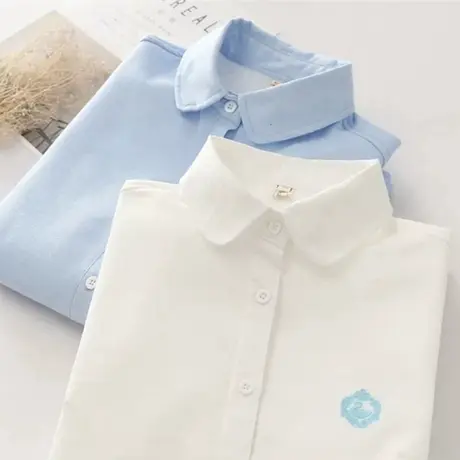 韩版百搭刺绣加绒加厚白色衬衫女牛津纺学生简约修身保暖打底衬衣商品大图