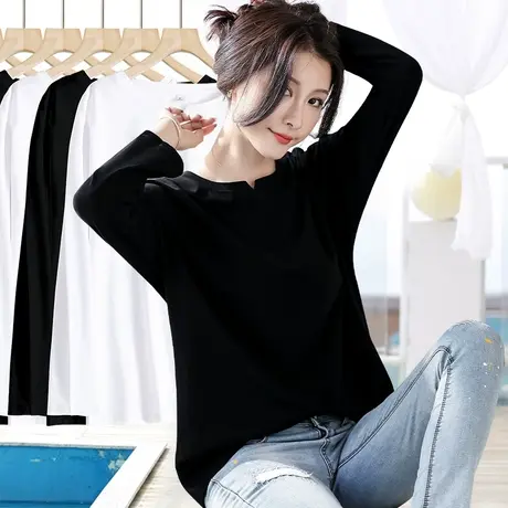 纯棉黑色长袖t恤女内搭打底衫上衣春秋新款简约圆领宽松百搭体恤图片